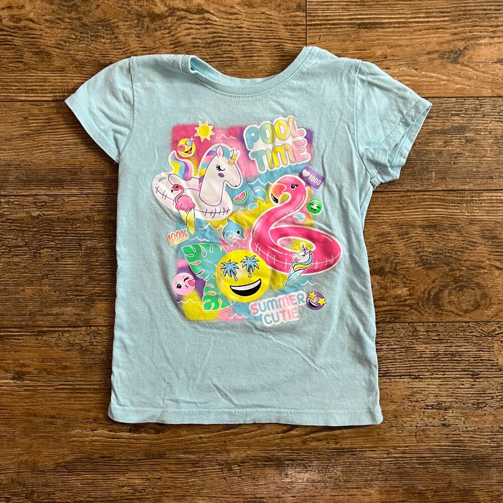The Children's Place Emoji Pool Time Summer Cutie Girls Light Blue Shirt S 5/6